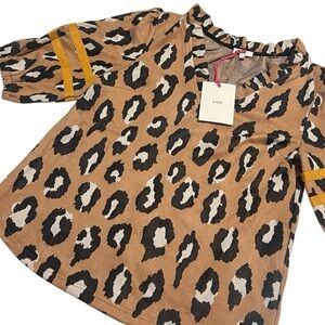 Voy Leopard Print Puff Sleeve V Neck Ruffle Top Size Small NWT